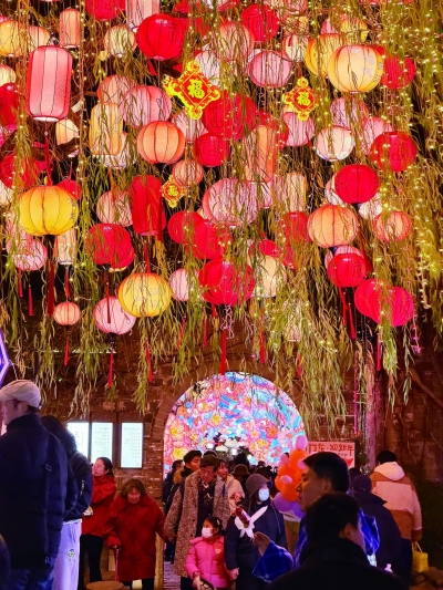 老门东网红“灯树”引来游客打卡。南京日报/紫金山新闻记者 田诗雨 摄